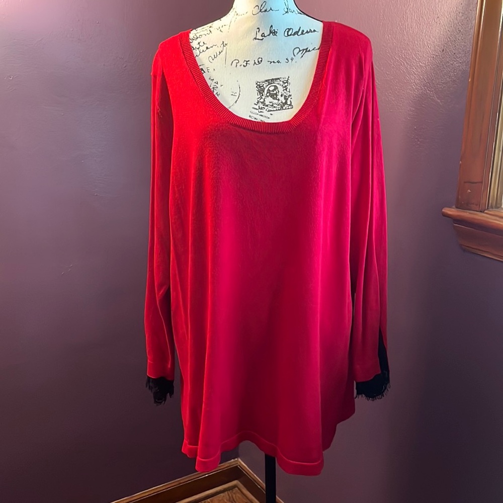 Beautiful red sweater with black eyelash lace at the bottom of the sleeves